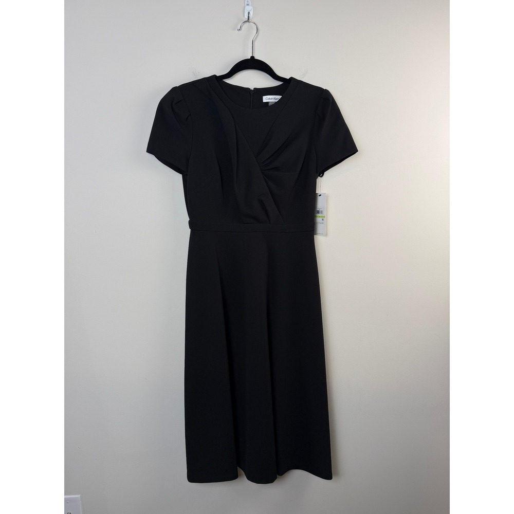 Calvin Klein NWTs $134 Black Twist Front Midi Dress A-Line Short Sleeve Size 4